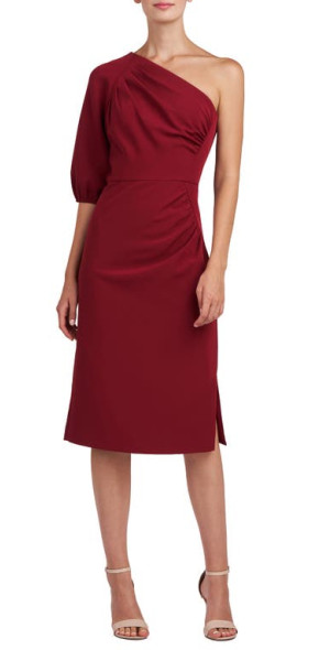 kay unger red dress Kay Unger Elliot Stretch Crepe Asymmetric Waistline Pleated Midi Dress