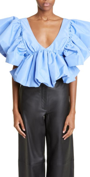 Kika Vargas - Nia Ruffle Silk Blend Taffeta Blouse in Light Blue