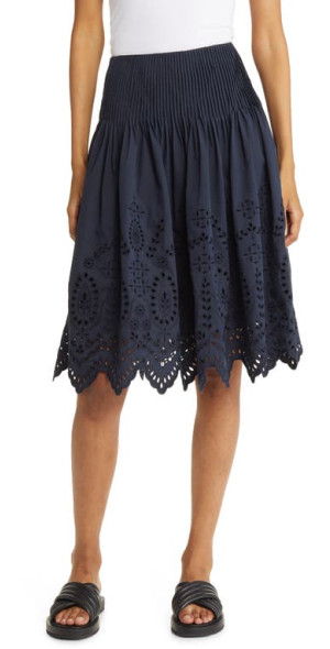 KOBI HALPERIN Serene Pintuck Eyelet A-Line Skirt in Navy at