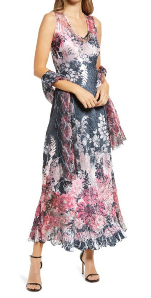 Komarov - Floral Print Lace-Up Back Maxi Dress with Shawl in Blush Border  at Nordstrom