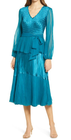 Komarov - Long Sleeve Charmeuse & Chiffon A-Line Dress in Peacock