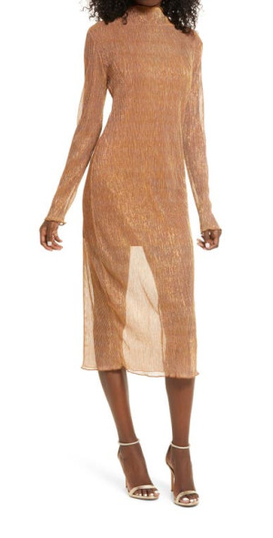 Leith - Sheer Metallic Long Sleeve Midi Dress