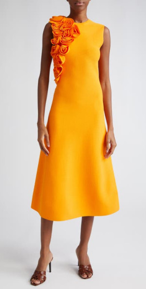 Lela Rose Floral Ruffle Sleeveless Knit Midi Dress in Tangerine