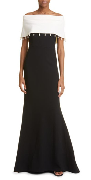 Lela Rose Imitation Pearl Detail Off-the-Shoulder Wool Blend