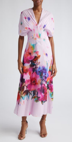 Lela Rose Isabel Watercolor Floral Print Cotton Voile Dress in