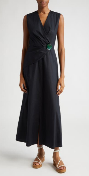 Lela Rose Sleeveless Stretch Cotton Faux Wrap Midi Dress in