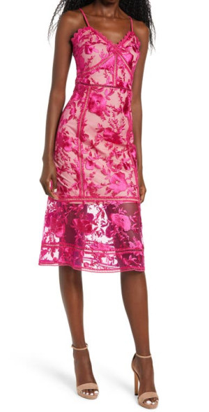 Lulus - Deeply Cherished Floral Embroidery Body-Con Dress in Hot Pink/Nude  at Nordstrom