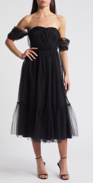 Lulus Divine Dreamer Off the Shoulder Tiered Midi Dress in Black