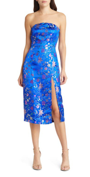 Lulus Make a Move Floral Jacquard Sleeveless Satin Dress in Blue
