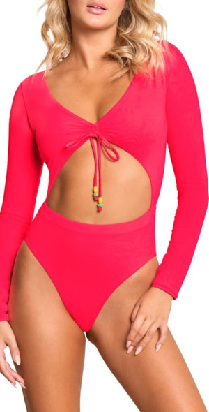 Maaji Cherry Red Rose Reversible Long Sleeve One-Piece Swimsuit