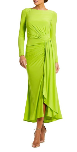 Mac Duggal Side Ruched Long Sleeve Gown in Chartreuse