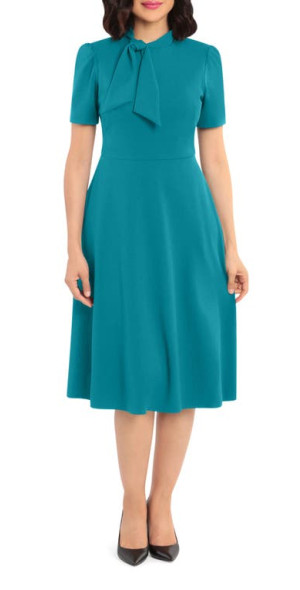 Maggy London - Short Sleeve Necktie Midi Dress in Teal Green Maggy London - Short Sleeve Necktie Midi Dress in Teal Green