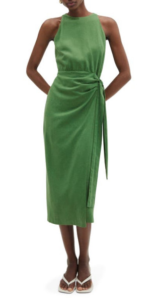 MANGO - Faux Wrap Linen Blend Midi Dress in Green MANGO - Faux Wrap Linen Blend Midi Dress in Green