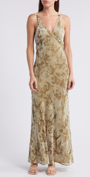 MANGO Javier Burnout Velvet Maxi Dress in Olive Green at