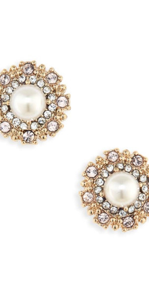 Marchesa Pavé Halo Imitation Pearl Stud Earrings in Gold/Blush