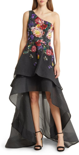 Marchesa Notte Floral Dégradé Tiered High-Low Cocktail Dress in