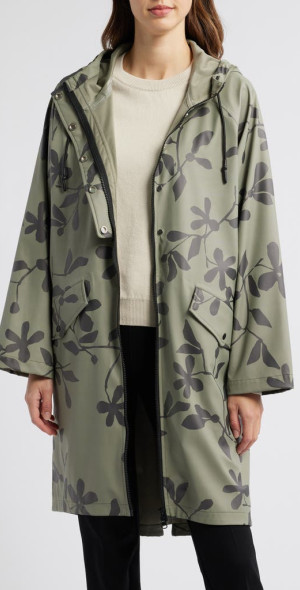 Masai Copenhagen - Theia Leaf Print Hooded Raincoat in Vetiver at