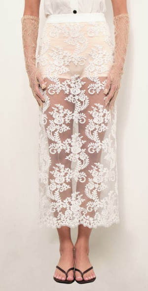 Maude Club Cora Floral Lace Sheer Mesh Midi Skirt