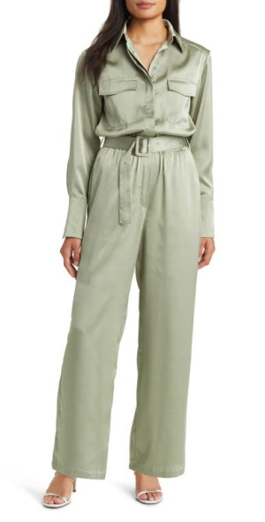 MELLODAY Belted Long Sleeve Satin Utility Jumpsuit in Olive at