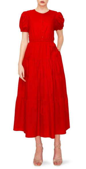 slim fit dress slacks Shop The Elegant Skyla Shirred Midi Dress in Red main image 1