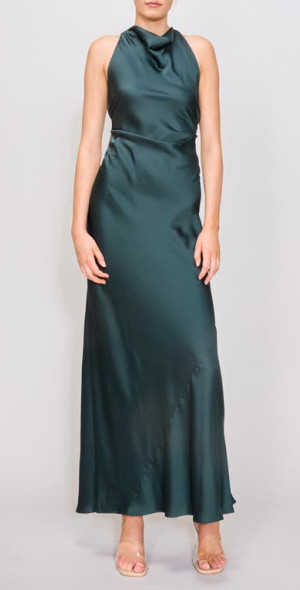 MELLODAY Ruched Cowl Neck Bias Cut Satin Maxi Dress in Hunter