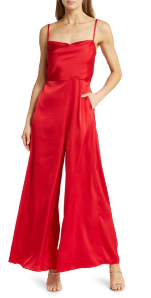 MELLODAY Wide Leg Satin Jumpsuit in Fiery Red at Nordstrom
