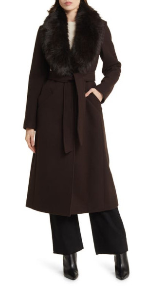 Michael Kors Belted Longline Wool Blend Coat with Faux Fur
