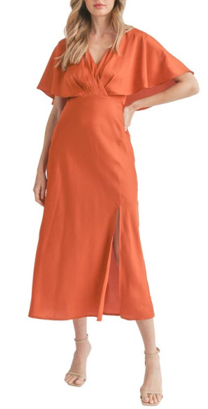 Mila Mae Flutter Sleeve Satin Midi Dress in Rust at Nordstrom