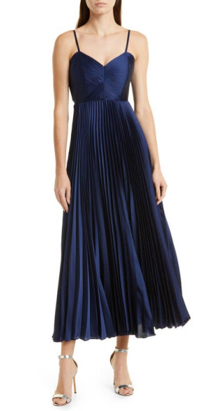 Milly - Hallie Pleated Satin Midi Dress in Navy at Nordstrom