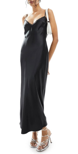 Miss Selfridge - Lace Trim Satin Maxi Slipdress in Black at Nordstrom, Size  0 Us