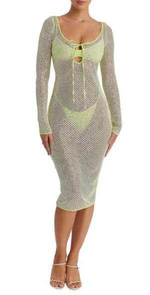Mistress Rocks - Long Sleeve Sequin Mesh Midi Dress, Bra & Panties Set in  Lime