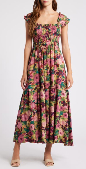 MOON RIVER - Floral Print Smocked Tiered Maxi Dress in Olive Multi at  Nordstrom, Size X-Small