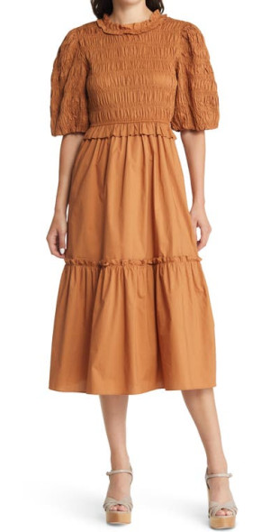 MOON RIVER - Smocked Puff Sleeve Midi Dress in Camel at Nordstrom