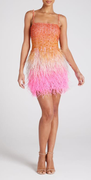 NADINE MERABI - Cassie Ostrich & Turkey Feather Trim Minidress in Bright Orange at Nordstrom, Size 4 NADINE MERABI - Cassie Ostrich & Turkey Feather Trim Minidress in Bright Orange at Nordstrom, Size 4