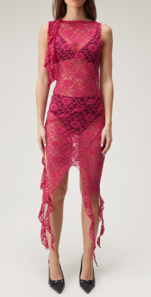 NASTY GAL - Sheer Lace Ruffle Dress in Pink at Nordstrom