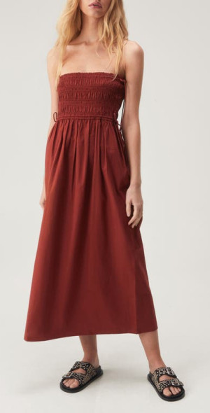 NASTY GAL Smocked Strapless Cotton Midi Dress in Rust