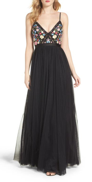 needle and thread black dress Needle & Thread Black Dusk Floral Embroidered Tulle Midi Dress UK 4 main image 0