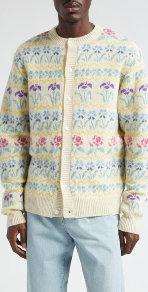 Noah - Floral Jacquard Shetland Wool Cardigan in Cream/Floral at