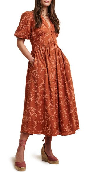 Nobody's Child - Starlight Floral Embroidered Organic Cotton Midi Dress in  Brown at Nordstrom
