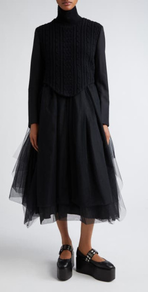 Noir Kei Ninomiya - Long Sleeve Mixed Media Midi Dress in Black at