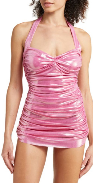 norma kamali candy pink dress NWT Norma Kamali metallic candy pink mini Diana dress