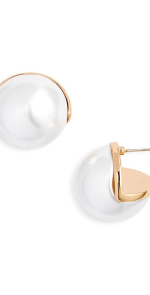 Open Edit Jumbo Faux Pearl Button Stud Earrings in White- Gold