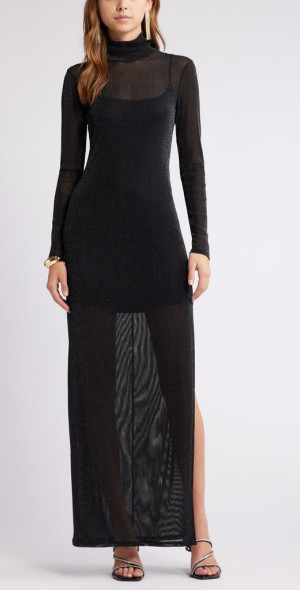 Open Edit Metallic Long Sleeve Stretch Mesh Maxi Dress in Black