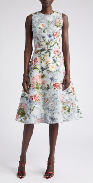 Oscar de la Renta - Floral Sleeveless Belted Fil Coupé