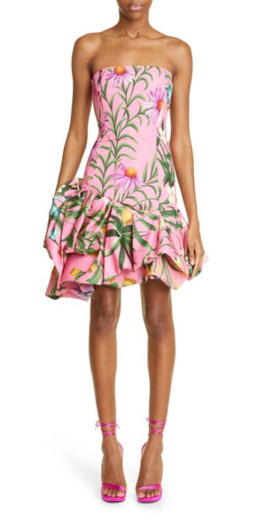 Oscar de la Renta Floral Tapestry Strapless Cocktail Dress in