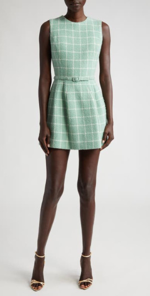 Oscar de la Renta Windowpane Plaid Belted Bouclé Tweed Dress in