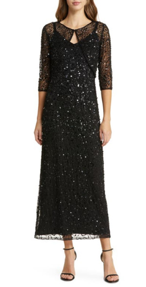 pisarro nights beaded mesh cocktail dress Beaded Illusion Neck Taffeta Cocktail Dress In Slate