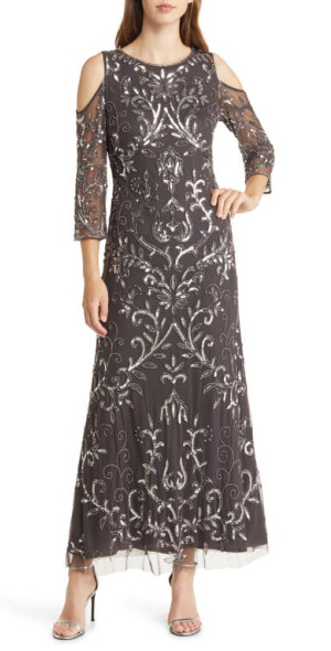 Pisarro Nights Beaded Cold Shoulder Gown in Ash