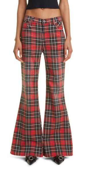 R13 Janet Relaxed Flare Jeans in Printed Red Plaid at Nordstrom