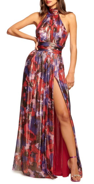 Ramy Brook - Ainsley Metallic Mock Neck Gown in Soiree Red Blurred Flower  at Nordstrom